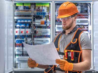 Male construction worker in overalls. Male electrician in overalls. High quality photo. Male electrician, builder or engineer in uniform.